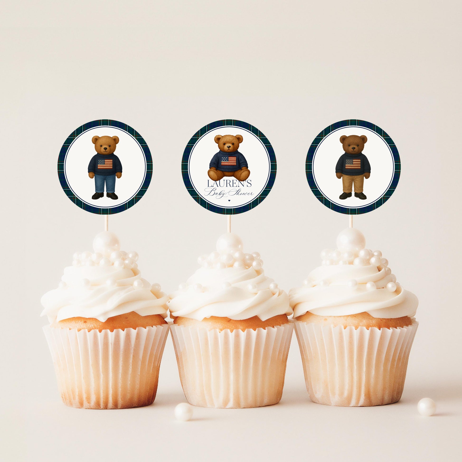 Preppy Bear Baby Shower Cupcake Toppers Template, We Can Bearly Wait Old Money Baby Sprinkle, Tartan Plaid Polo Club Nesting Party WP1079