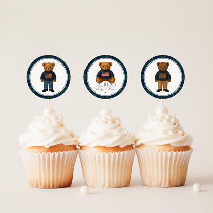 Preppy Bear Baby Shower Cupcake Toppers Template, We Can Bearly Wait Old Money Baby Sprinkle, Tartan Plaid Polo Club Nesting Party WP1079