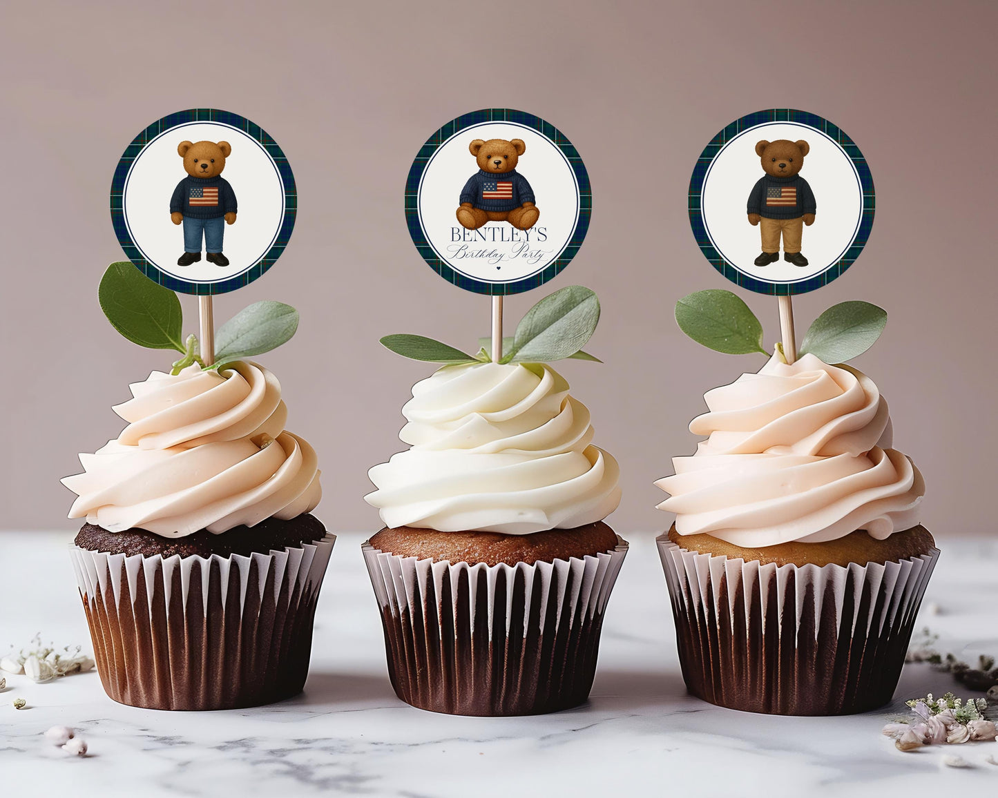 Preppy Bear Birthday Party Cupcake Toppers Template, Beary First Birthday Decor, Old Money Birthday, Polo Club Tartan Plaid Party WP1079
