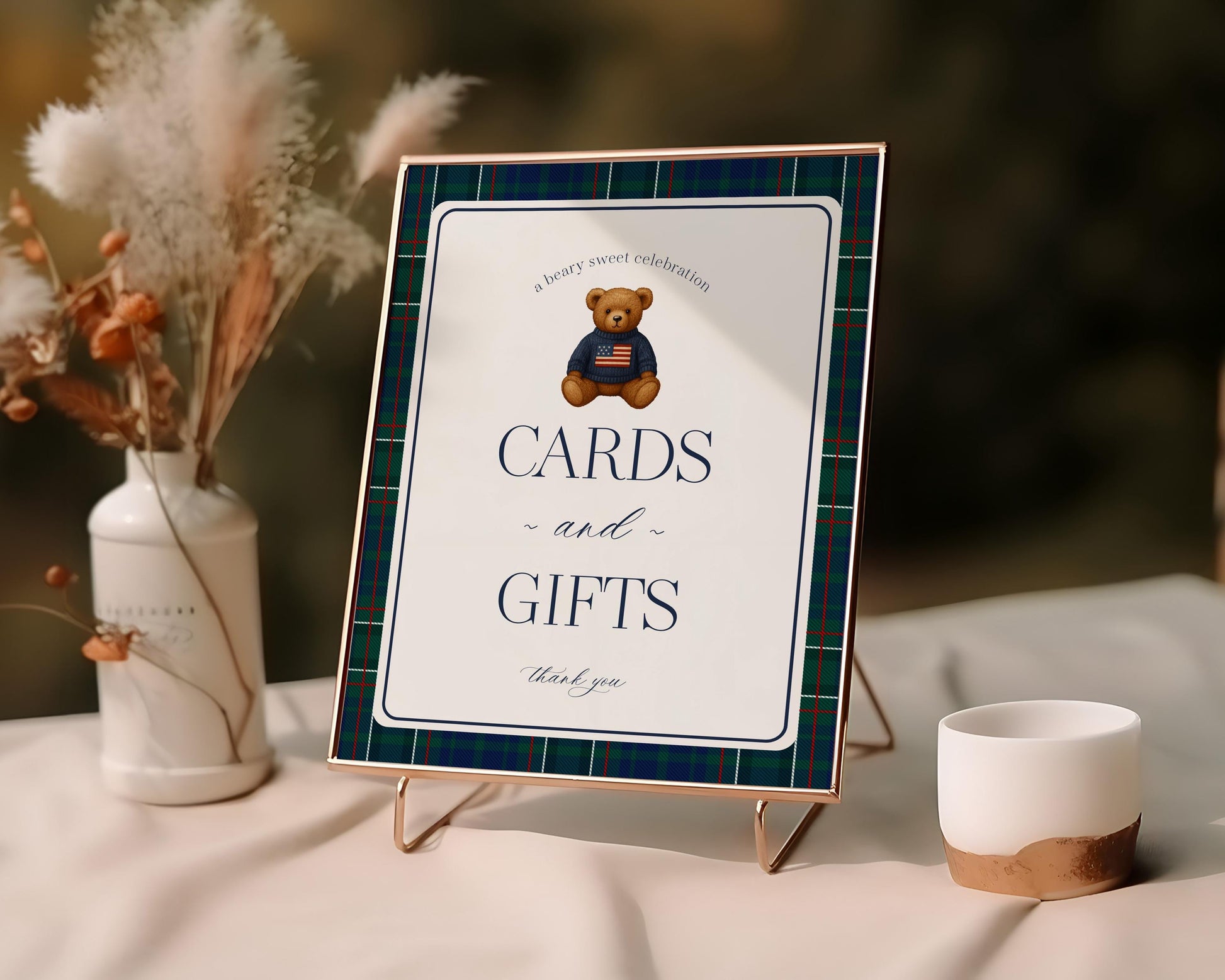 Preppy Bear Cards & Gifts and Favors Sign Template, We Can Bearly Wait Old Money Baby Shower, Beary First Tartan Plaid Bday Polo Club WP1079