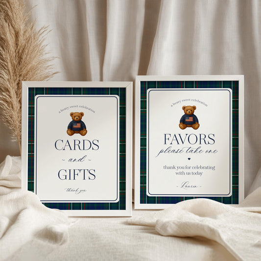 Preppy Bear Cards & Gifts and Favors Sign Template, We Can Bearly Wait Old Money Baby Shower, Beary First Tartan Plaid Bday Polo Club WP1079