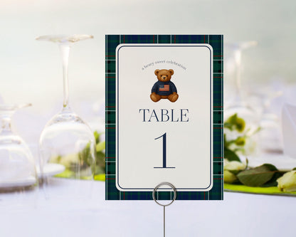 Preppy Bear Table Number Cards Template, We Can Bearly Wait Old Money Baby Shower, Beary First Tartan Plaid Birthday, Polo Club Party WP1079