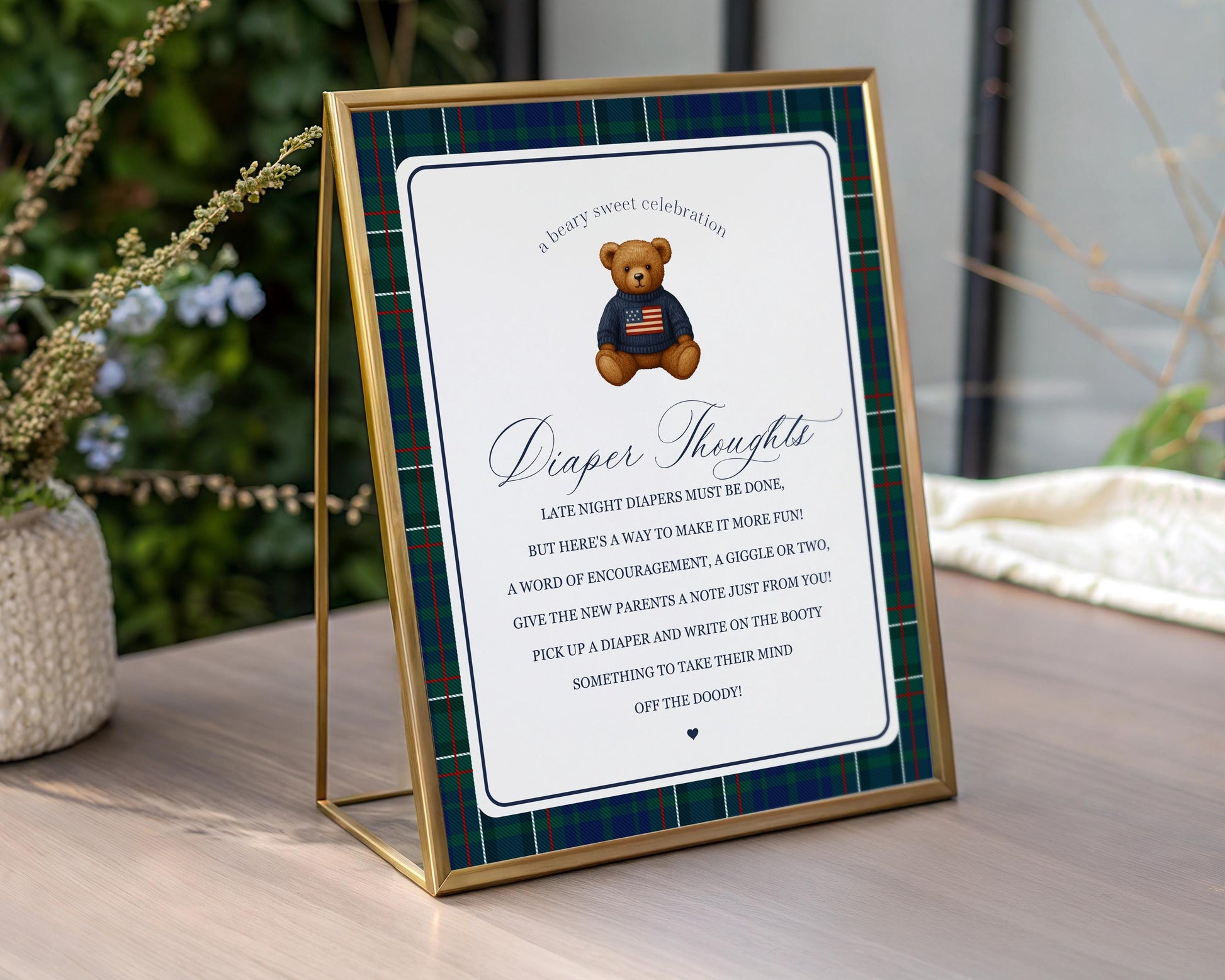 Preppy Bear Baby Shower Diaper Thoughts Sign Template, We Can Bearly Wait Old Money Baby Sprinkle, Tartan Plaid Nesting Party WP1079