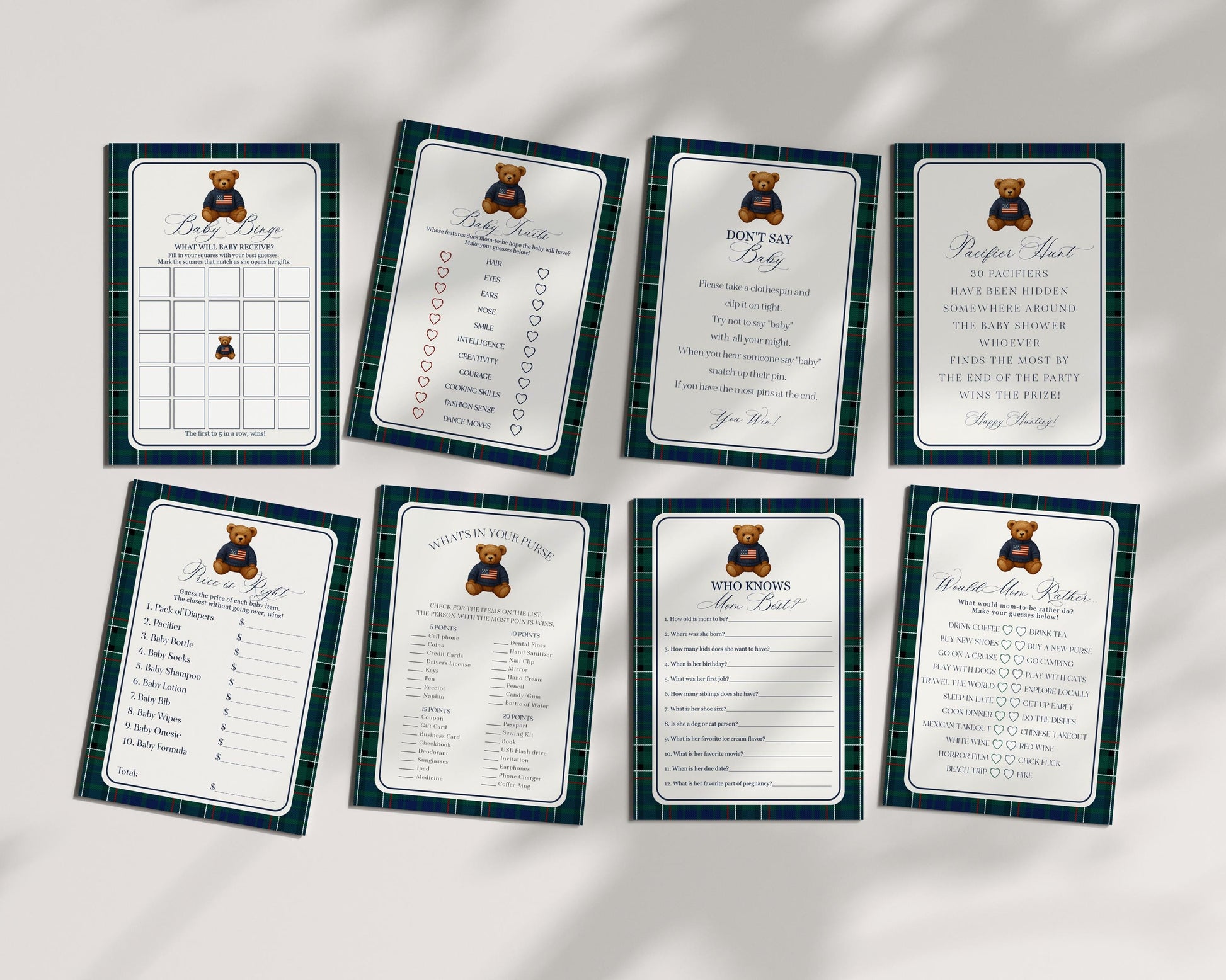 Preppy Bear Baby Shower Games Template, We Can Bearly Wait Old Money Baby Sprinkle, Tartan Plaid Polo Club Nesting Party WP1079