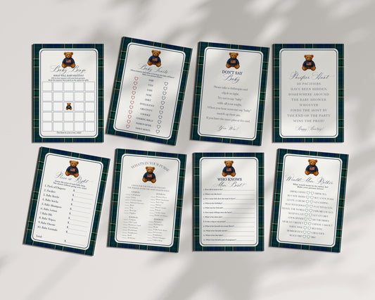 Preppy Bear Baby Shower Games Template, We Can Bearly Wait Old Money Baby Sprinkle, Tartan Plaid Polo Club Nesting Party WP1079