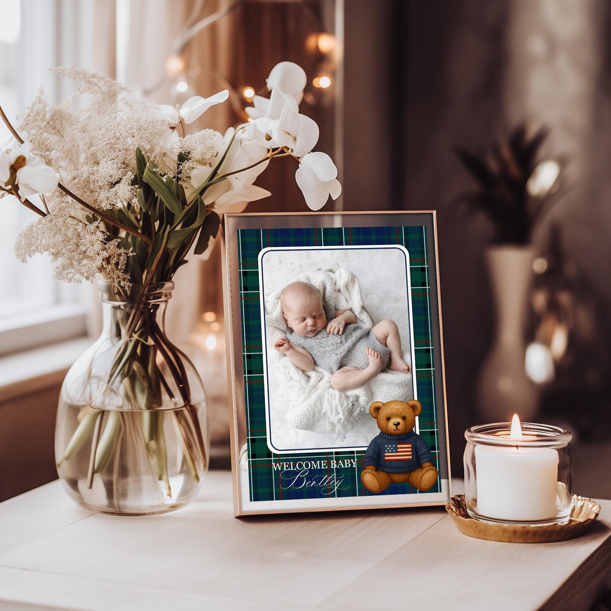 Preppy Bear 1st Birthday Milestone Banner Template, Beary First Birthday Decor, Old Money Birthday Party, Tartan Plaid Party Decor WP1079