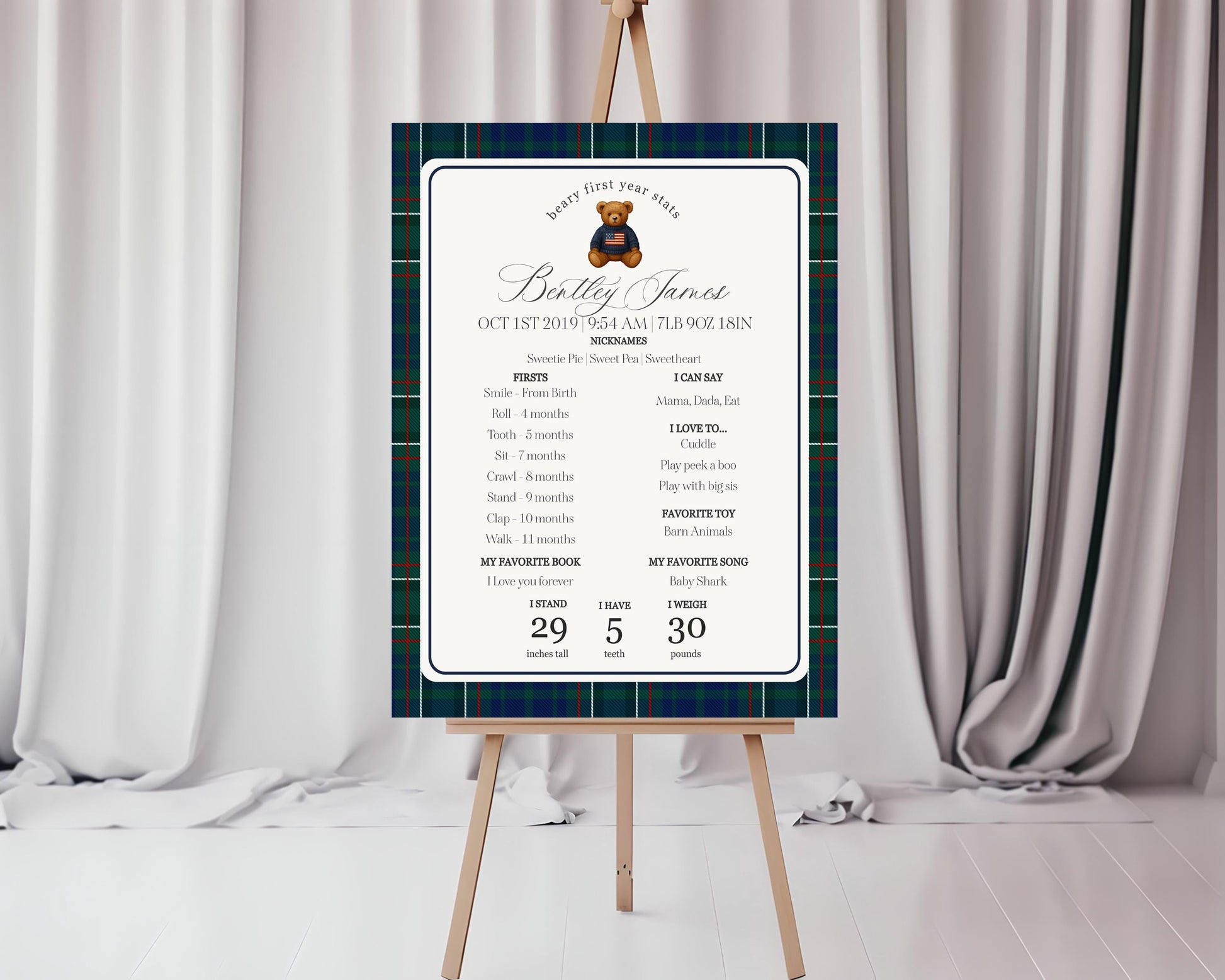 Preppy Bear First Year Milestone Sign Printable Template, Beary First Birthday Decor, Old Money Birthday Party, Tartan Plaid Party WP1079