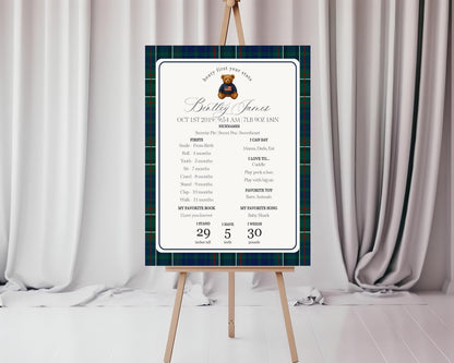 Preppy Bear First Year Milestone Sign Printable Template, Beary First Birthday Decor, Old Money Birthday Party, Tartan Plaid Party WP1079