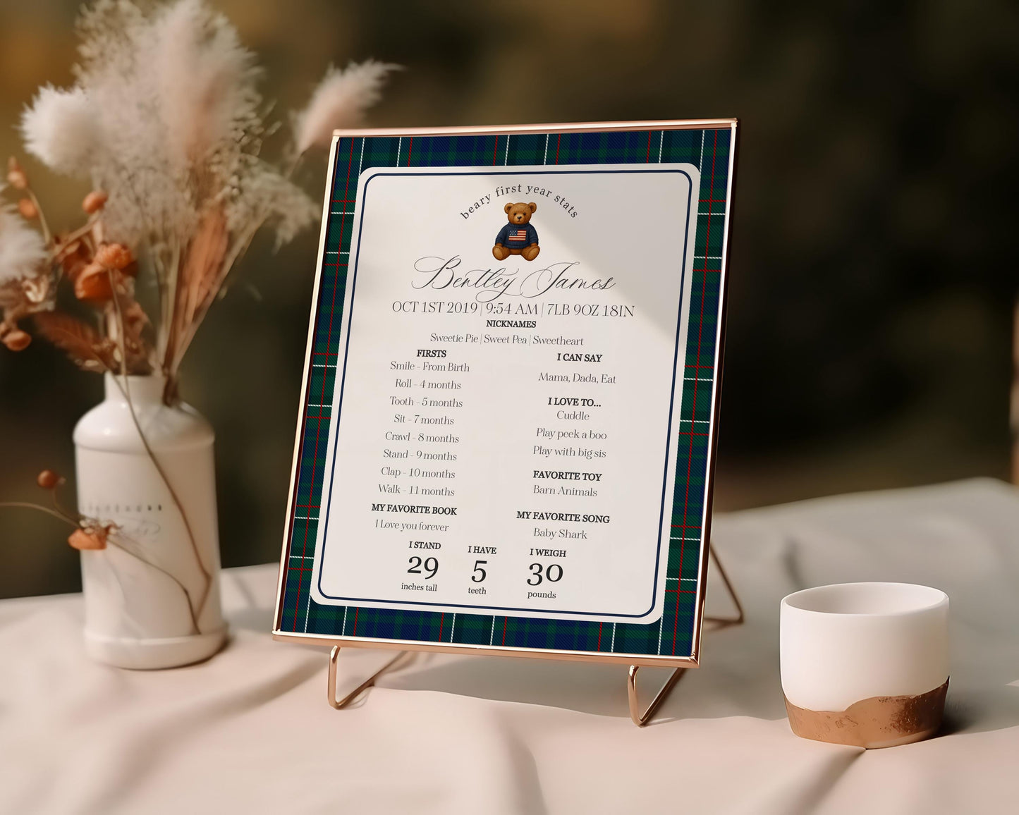 Preppy Bear First Year Milestone Sign Printable Template, Beary First Birthday Decor, Old Money Birthday Party, Tartan Plaid Party WP1079