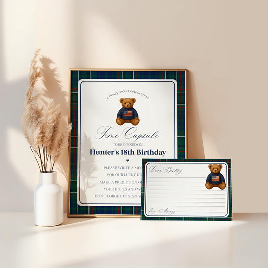 Preppy Bear Time Capsule Template, Beary First Birthday Decor, Old Money Birthday Party, Tartan Plaid Polo Club Party Decorations WP1079