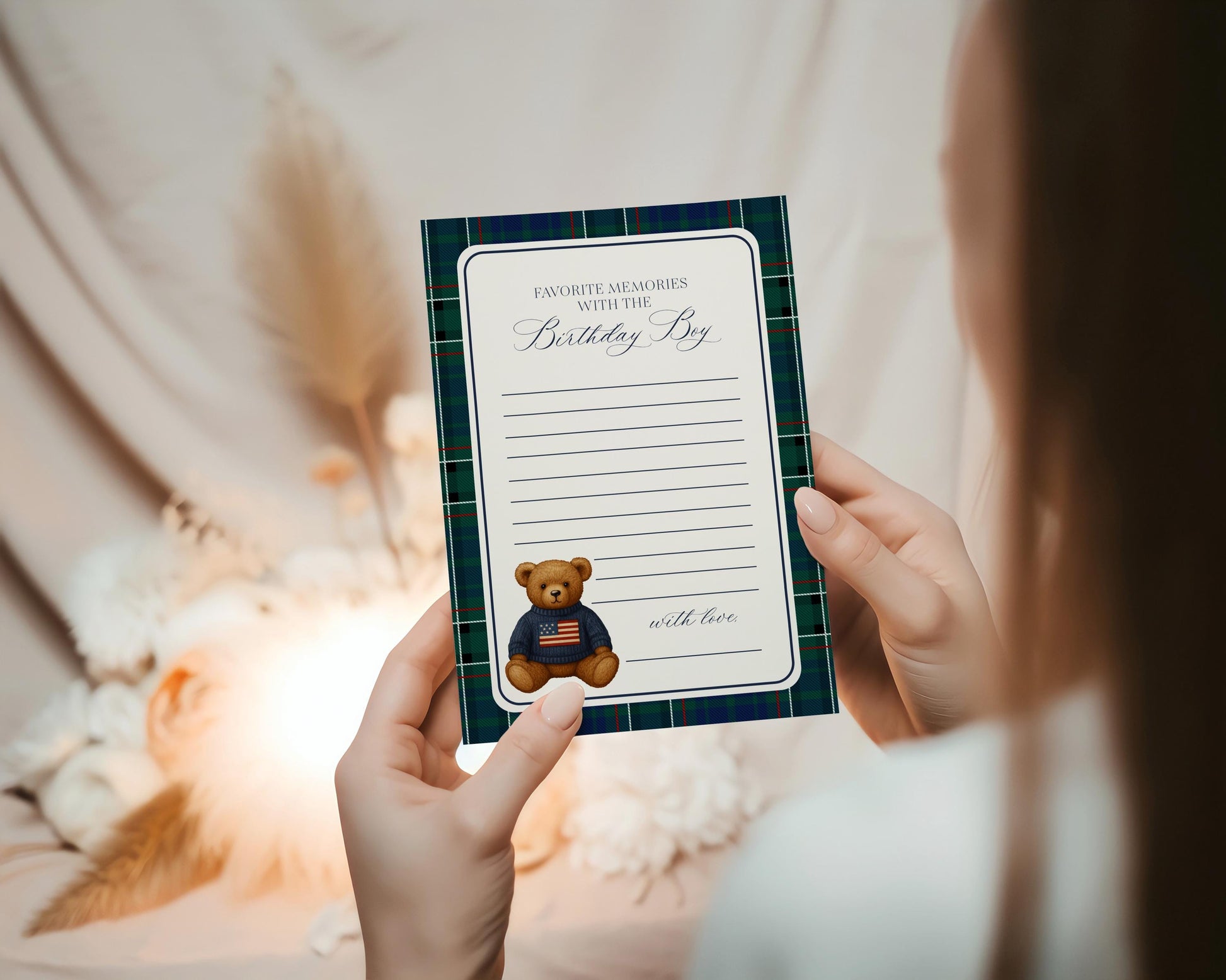 Preppy Bear Favorite Memories Birthday Girl Template, Old Money Teddy Bear Birthday Party, Polo Club Tartan Plaid Party Decorations WP1079