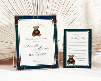 Preppy Bear Favorite Memories Birthday Girl Template, Old Money Teddy Bear Birthday Party, Polo Club Tartan Plaid Party Decorations WP1079