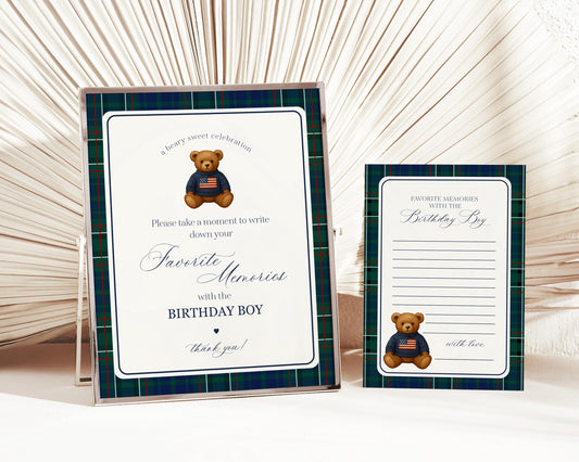 Preppy Bear Favorite Memories Birthday Girl Template, Old Money Teddy Bear Birthday Party, Polo Club Tartan Plaid Party Decorations WP1079