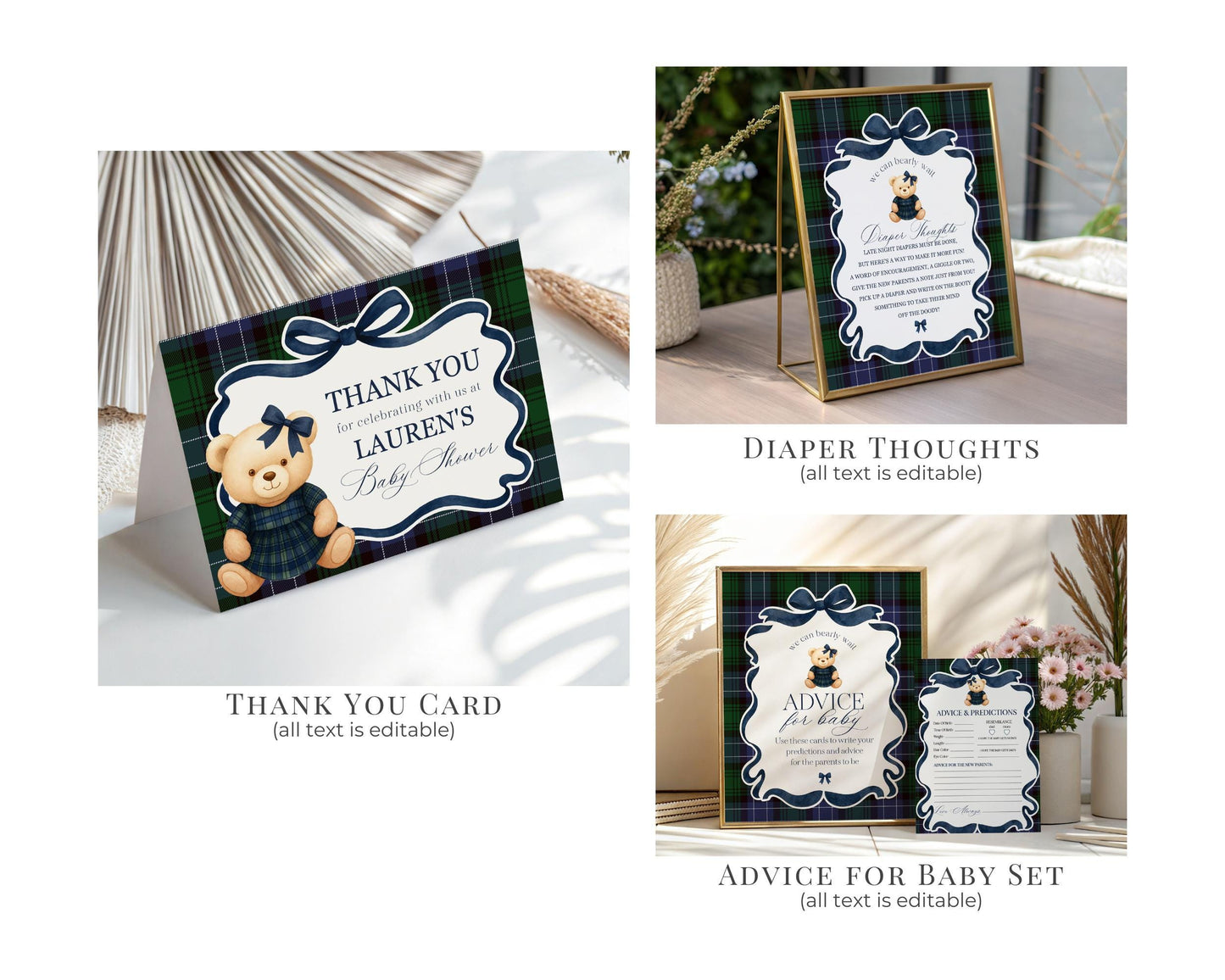 Preppy Bear Girl Baby Shower Bundle Printable Template, We Can Bearly Wait Old Money Baby Sprinkle, Tartan Plaid Coquette Bow Nesting WP1080