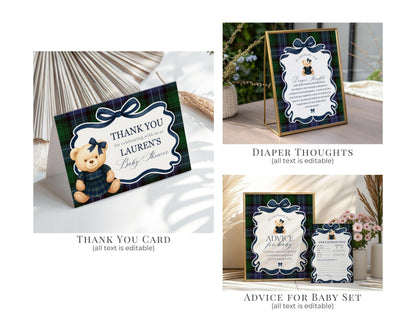 Preppy Bear Girl Baby Shower Bundle Printable Template, We Can Bearly Wait Old Money Baby Sprinkle, Tartan Plaid Coquette Bow Nesting WP1080