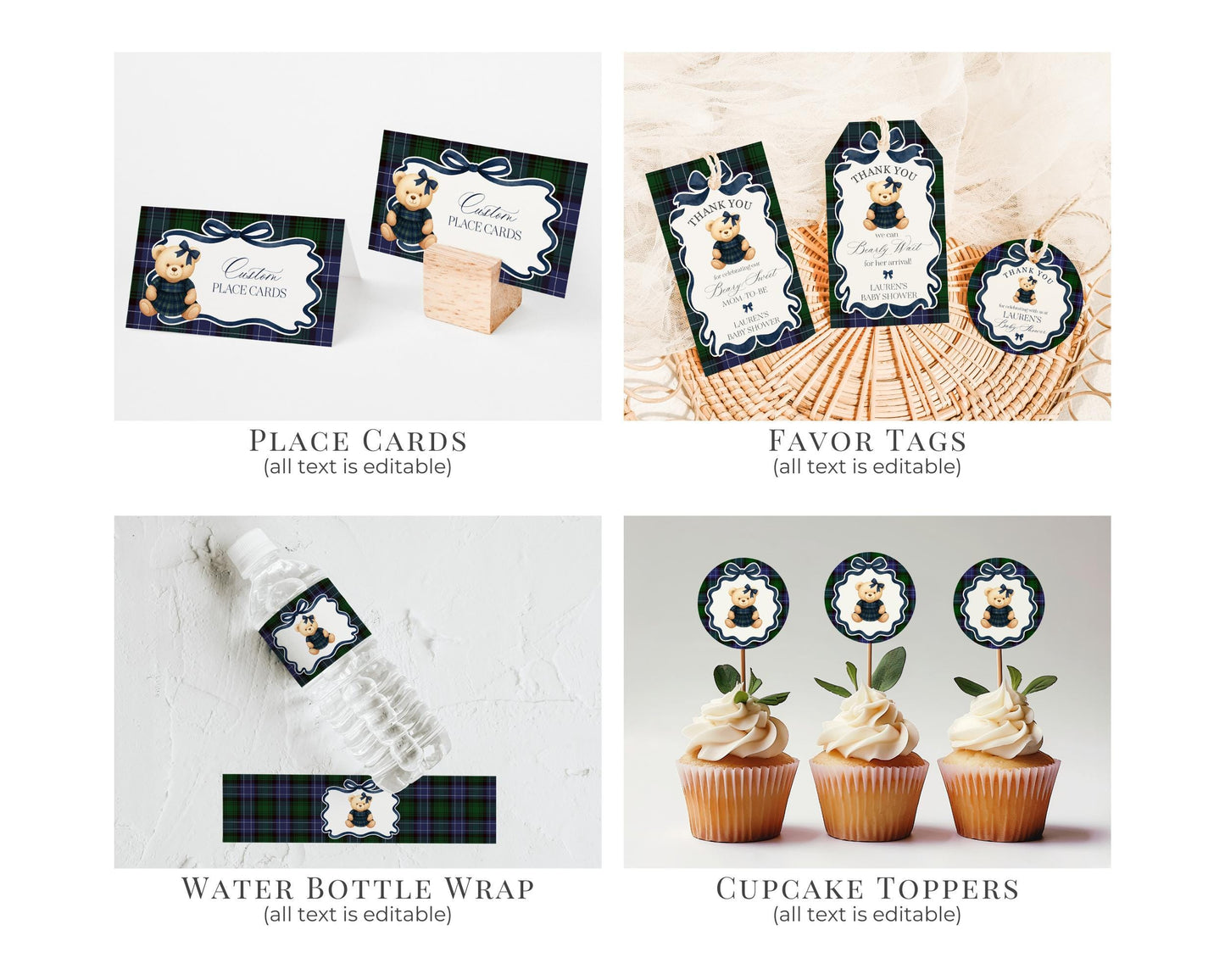 Preppy Bear Girl Baby Shower Bundle Printable Template, We Can Bearly Wait Old Money Baby Sprinkle, Tartan Plaid Coquette Bow Nesting WP1080