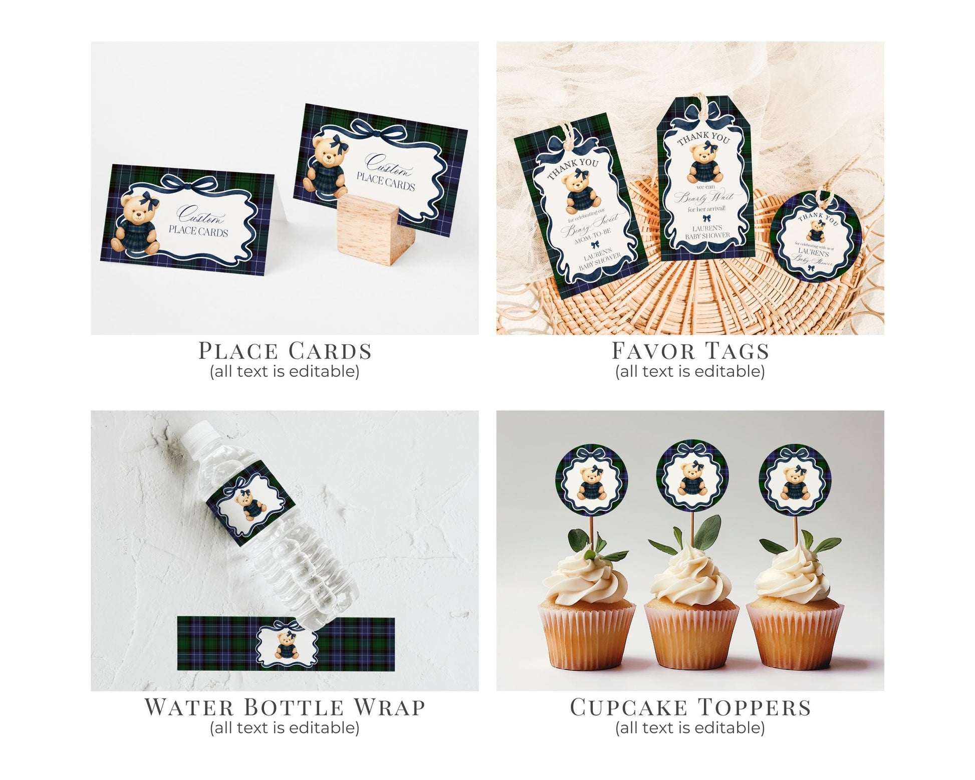 Preppy Bear Girl Baby Shower Bundle Printable Template, We Can Bearly Wait Old Money Baby Sprinkle, Tartan Plaid Coquette Bow Nesting WP1080
