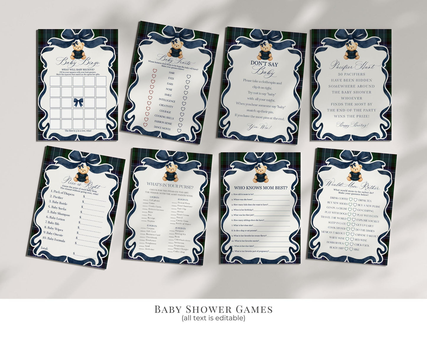 Preppy Bear Girl Baby Shower Bundle Printable Template, We Can Bearly Wait Old Money Baby Sprinkle, Tartan Plaid Coquette Bow Nesting WP1080