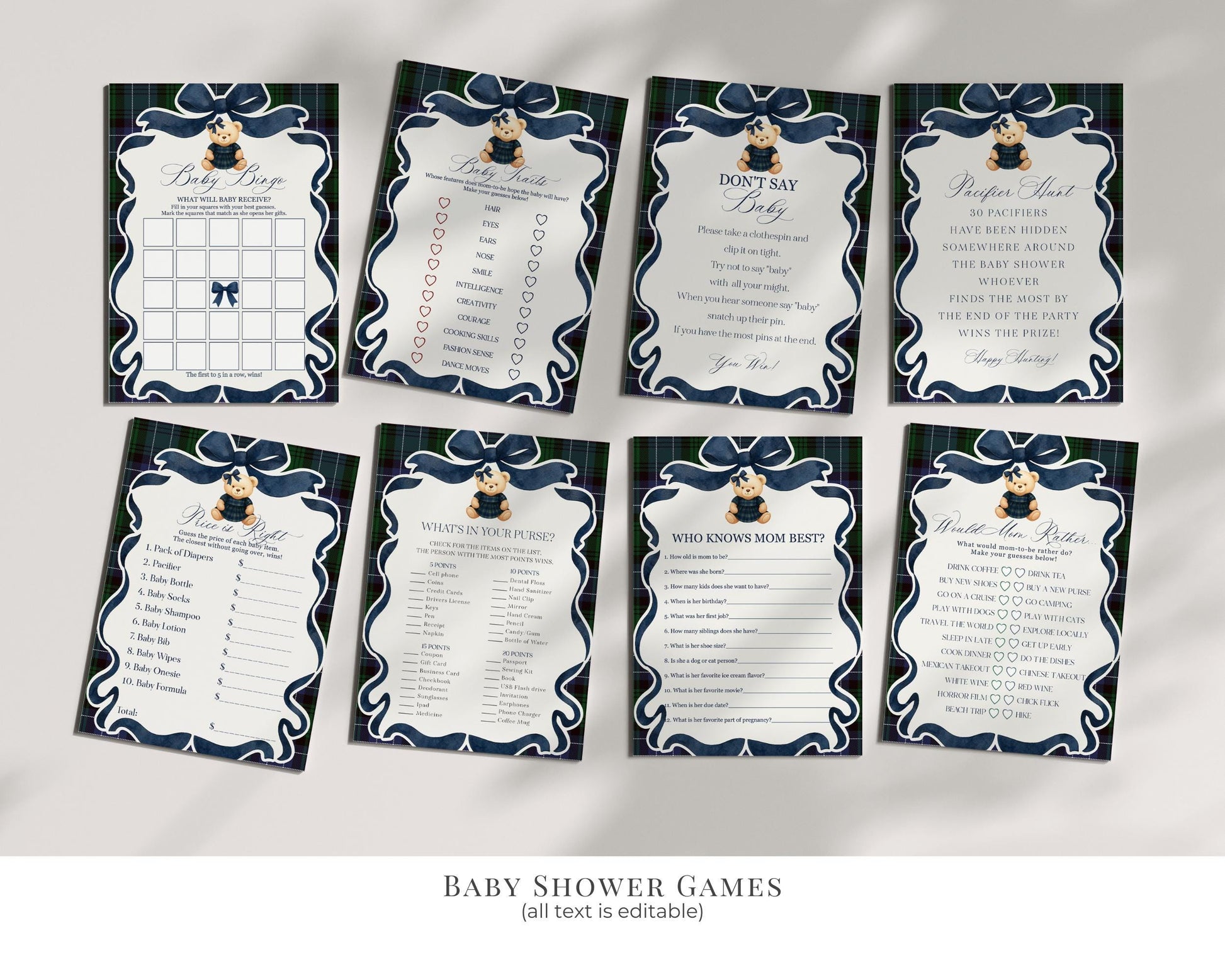 Preppy Bear Girl Baby Shower Bundle Printable Template, We Can Bearly Wait Old Money Baby Sprinkle, Tartan Plaid Coquette Bow Nesting WP1080