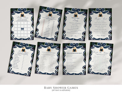 Preppy Bear Girl Baby Shower Bundle Printable Template, We Can Bearly Wait Old Money Baby Sprinkle, Tartan Plaid Coquette Bow Nesting WP1080