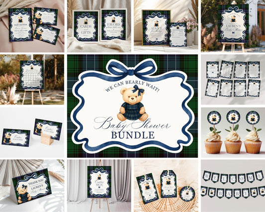 Preppy Bear Girl Baby Shower Bundle Printable Template, We Can Bearly Wait Old Money Baby Sprinkle, Tartan Plaid Coquette Bow Nesting WP1080