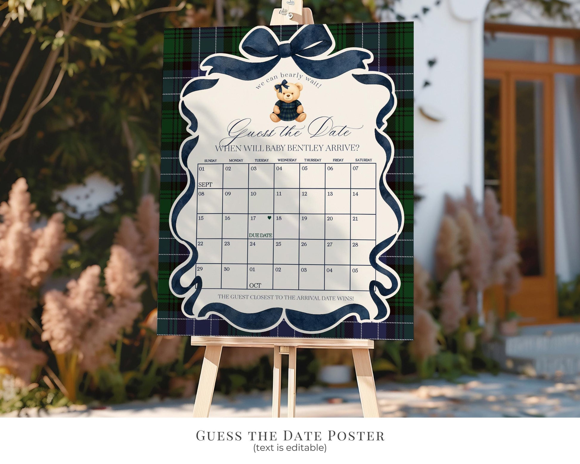 Preppy Bear Girl Baby Shower Bundle Printable Template, We Can Bearly Wait Old Money Baby Sprinkle, Tartan Plaid Coquette Bow Nesting WP1080