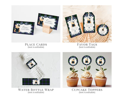 Preppy Bear Girl 1st Birthday Bundle Printable Template, Beary First Birthday Old Money Tartan Plaid Coquette Bow Birthday Party WP1080
