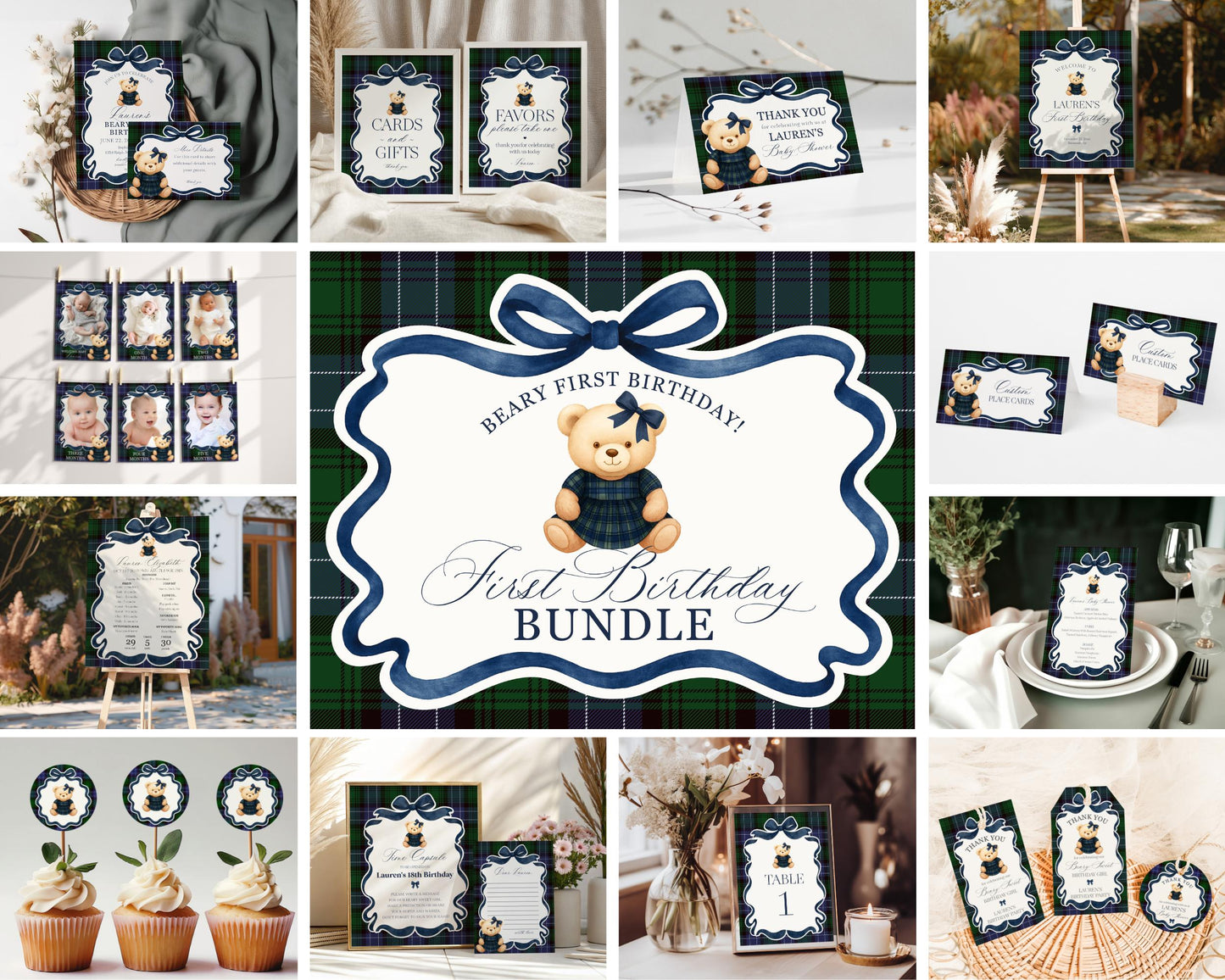 Preppy Bear Girl 1st Birthday Bundle Printable Template, Beary First Birthday Old Money Tartan Plaid Coquette Bow Birthday Party WP1080