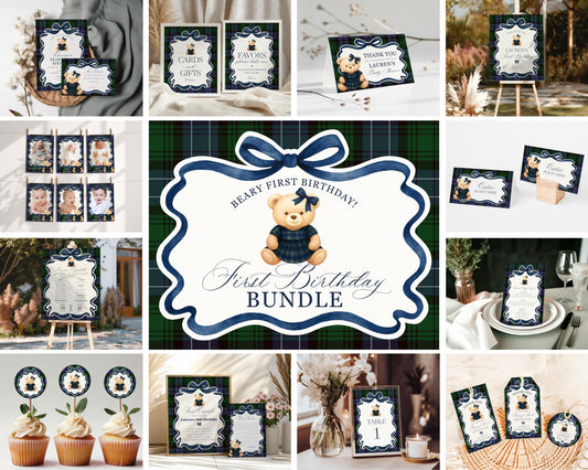 Preppy Bear Girl 1st Birthday Bundle Printable Template, Beary First Birthday Old Money Tartan Plaid Coquette Bow Birthday Party WP1080