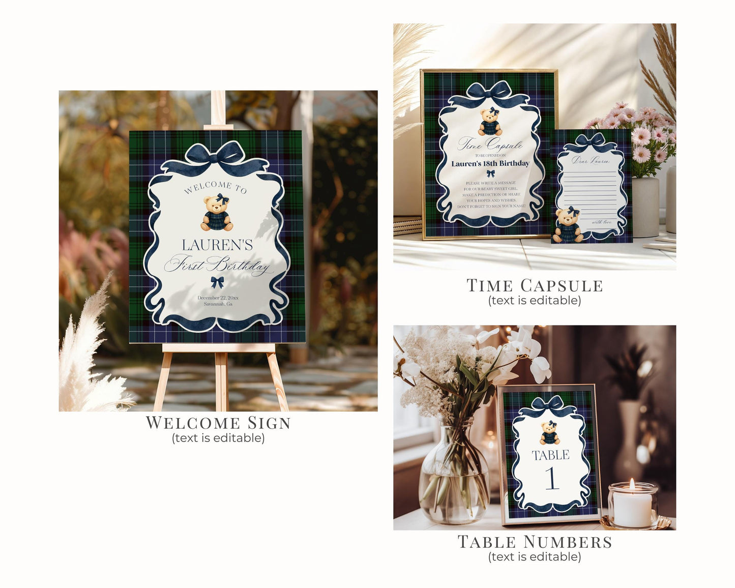 Preppy Bear Girl Birthday Bundle Printable Template, Old Money Teddy Bear Birthday Party, Tartan Plaid Coquette Bow Party WP1080