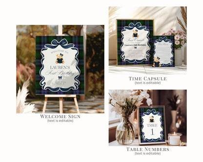 Preppy Bear Girl Birthday Bundle Printable Template, Old Money Teddy Bear Birthday Party, Tartan Plaid Coquette Bow Party WP1080