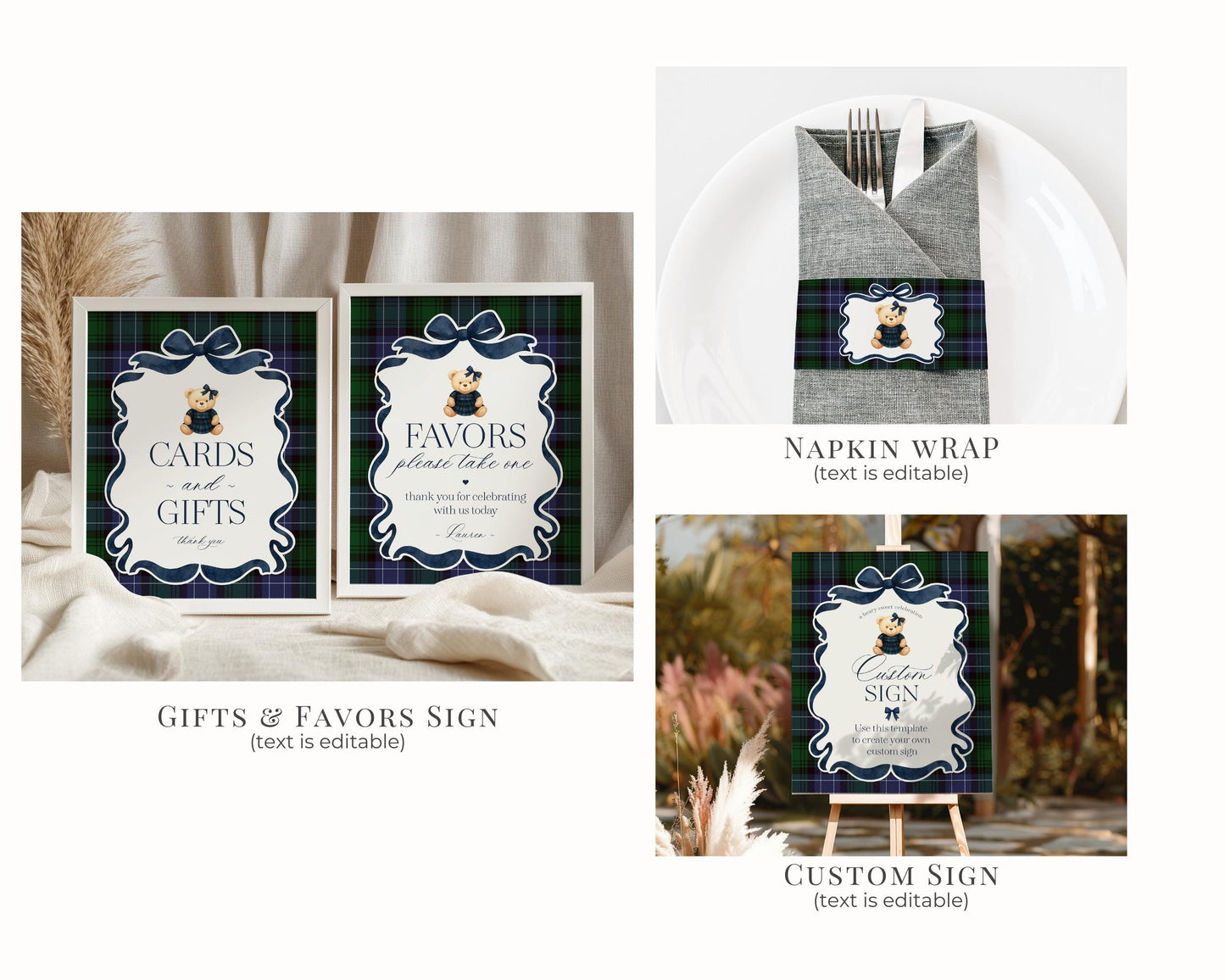 Preppy Bear Girl Birthday Bundle Printable Template, Old Money Teddy Bear Birthday Party, Tartan Plaid Coquette Bow Party WP1080