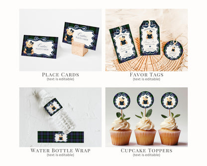 Preppy Bear Girl Birthday Bundle Printable Template, Old Money Teddy Bear Birthday Party, Tartan Plaid Coquette Bow Party WP1080