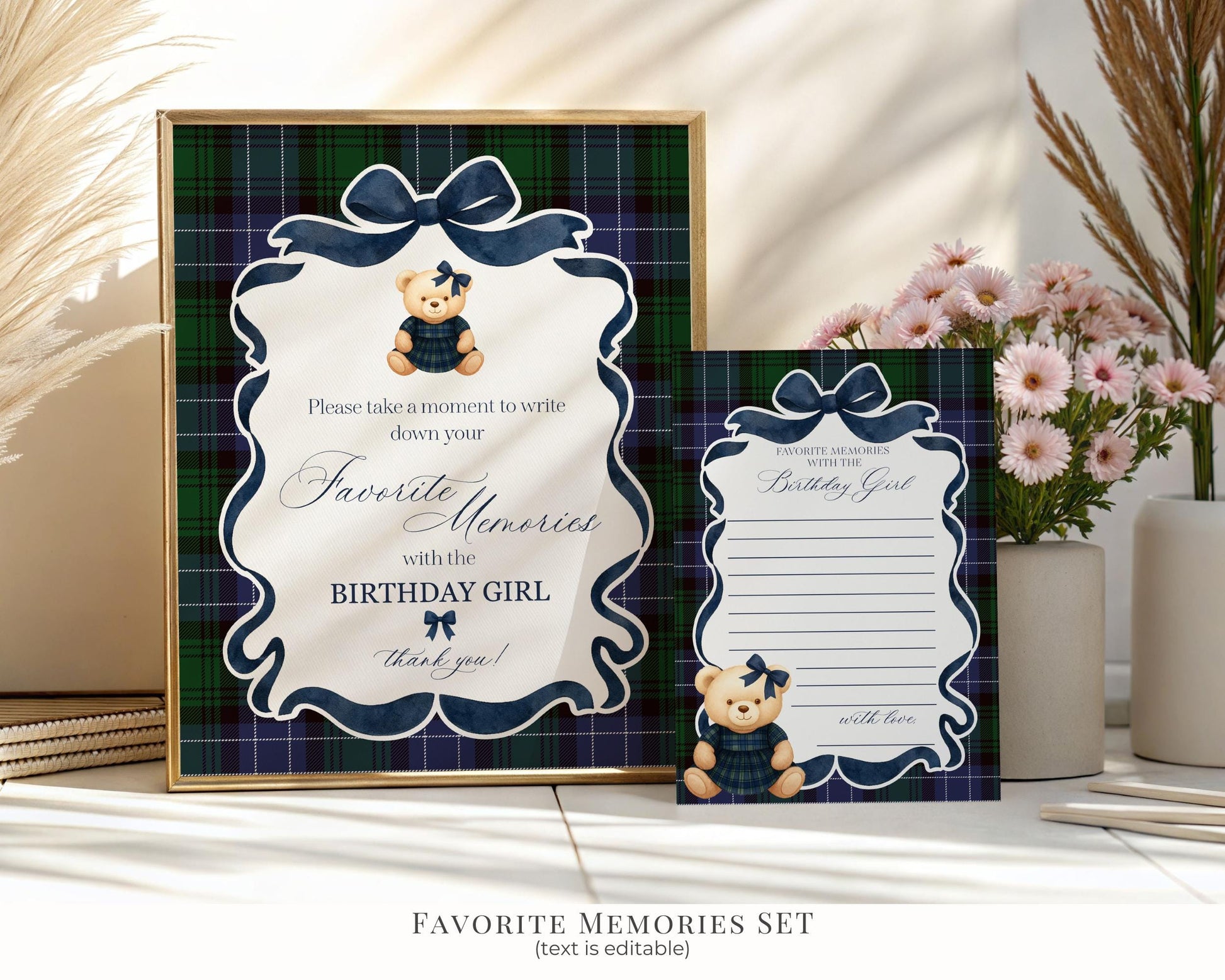 Preppy Bear Girl Birthday Bundle Printable Template, Old Money Teddy Bear Birthday Party, Tartan Plaid Coquette Bow Party WP1080