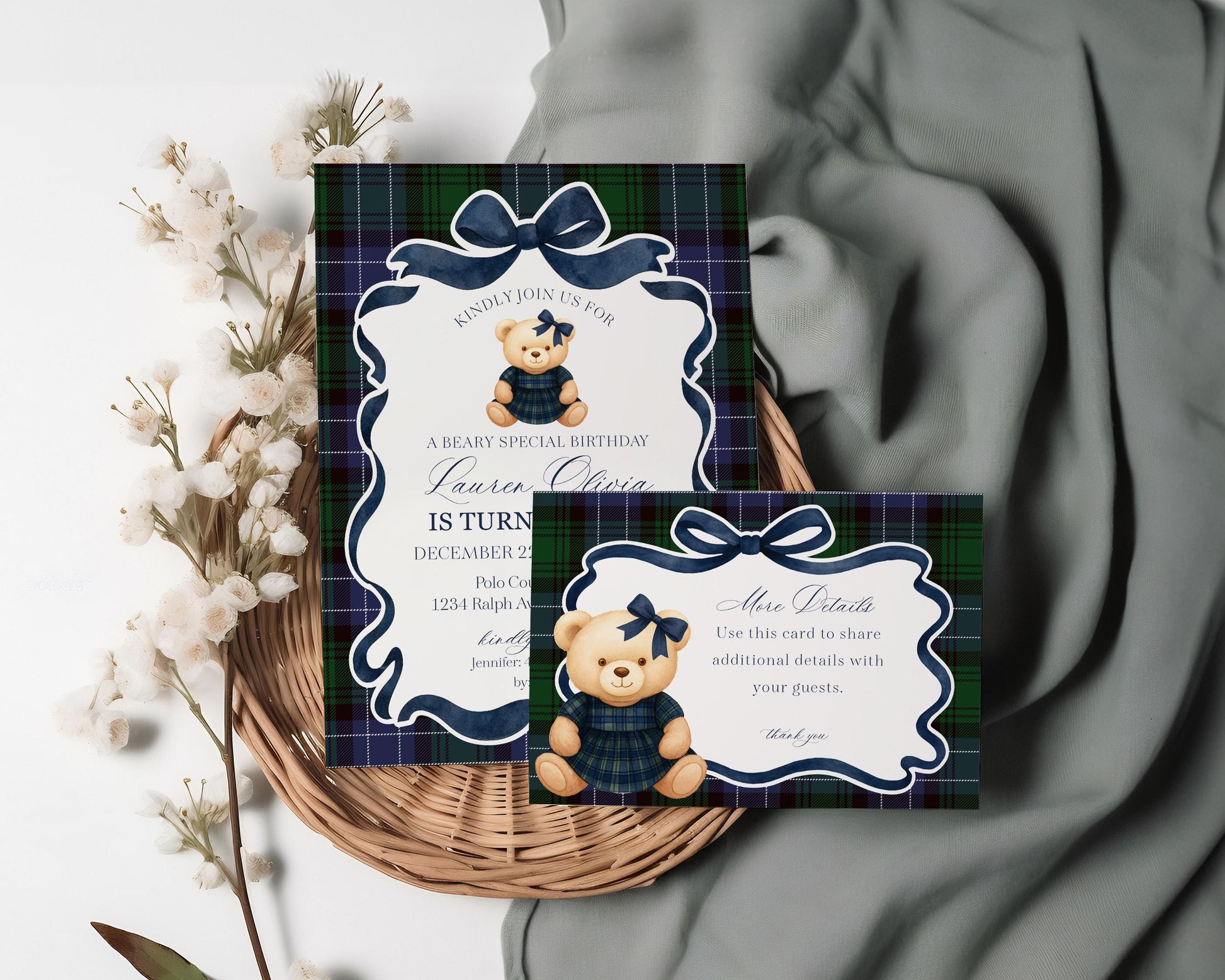 Preppy Bear Girl Birthday Bundle Printable Template, Old Money Teddy Bear Birthday Party, Tartan Plaid Coquette Bow Party WP1080