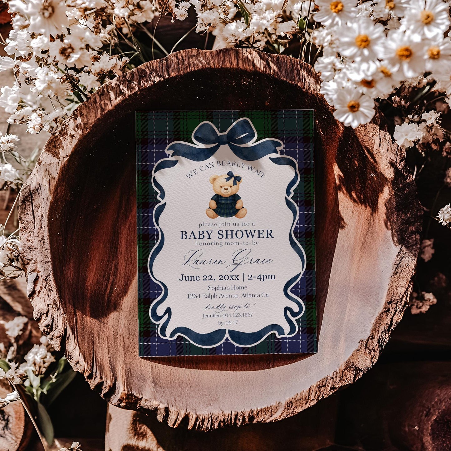 Preppy Bear Girl Baby Shower Invitation Printable Template, We Can Bearly Wait Old Money Baby Sprinkle, Tartan Plaid Coquette Bow WP1080