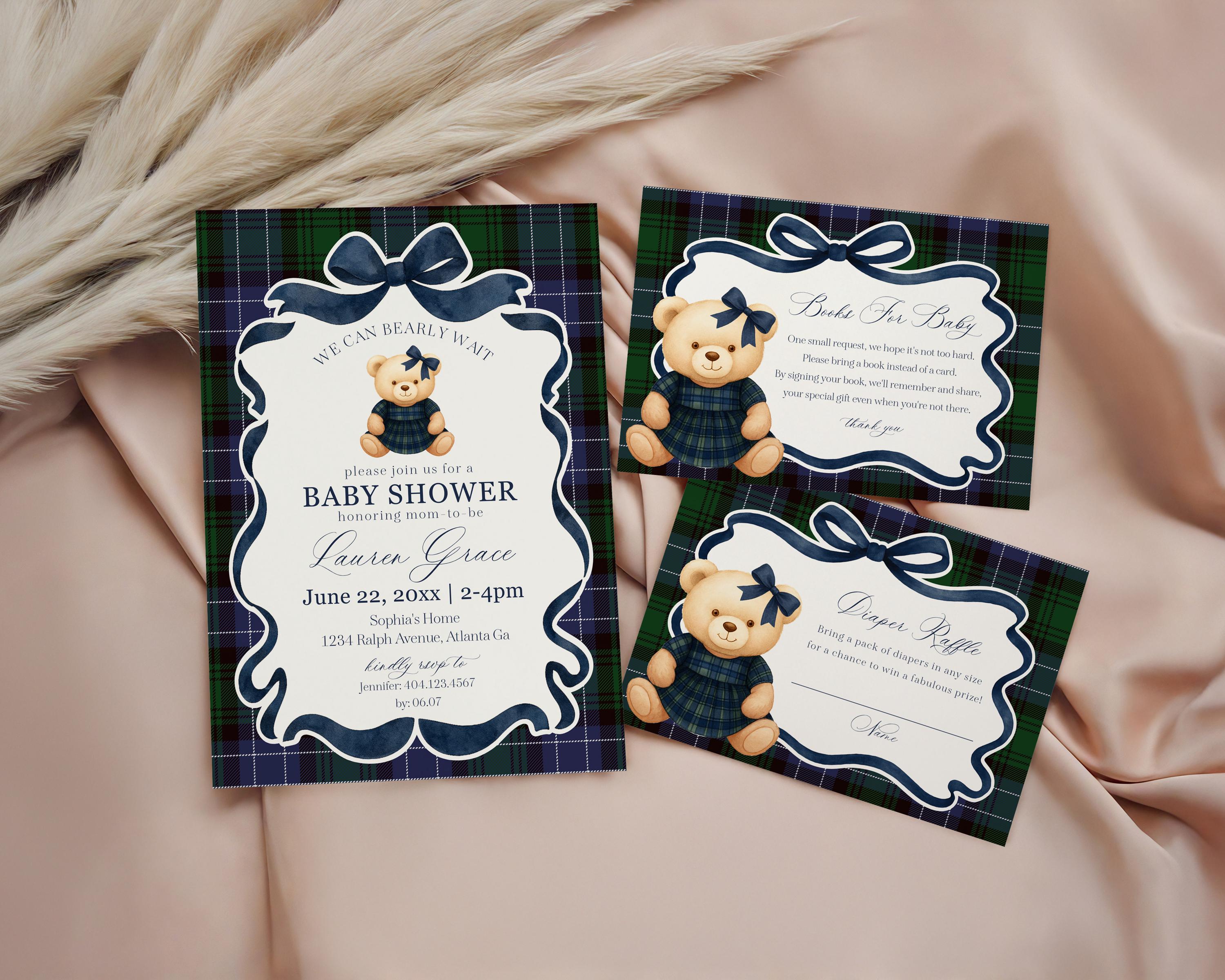 Preppy Bear Girl Baby Shower Invitation Printable Template, We Can Bearly Wait Old Money Baby Sprinkle, Tartan Plaid Coquette Bow WP1080