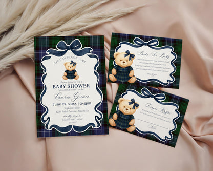 Preppy Bear Girl Baby Shower Invitation Printable Template, We Can Bearly Wait Old Money Baby Sprinkle, Tartan Plaid Coquette Bow WP1080