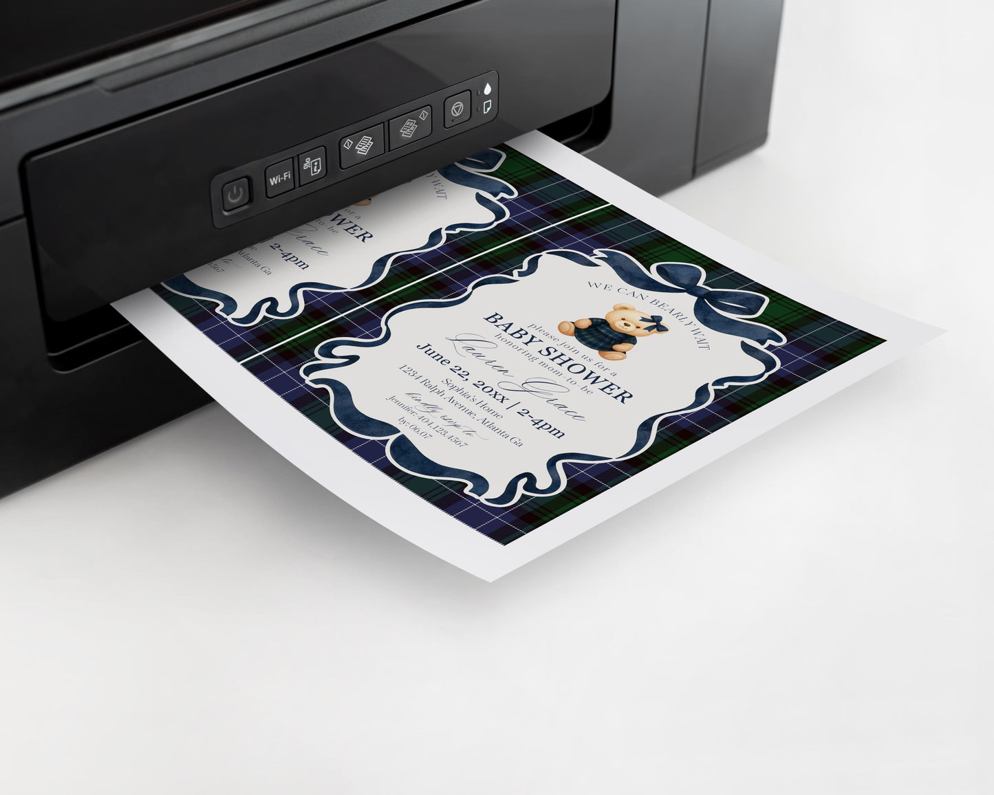 Preppy Bear Girl Baby Shower Invitation Printable Template, We Can Bearly Wait Old Money Baby Sprinkle, Tartan Plaid Coquette Bow WP1080