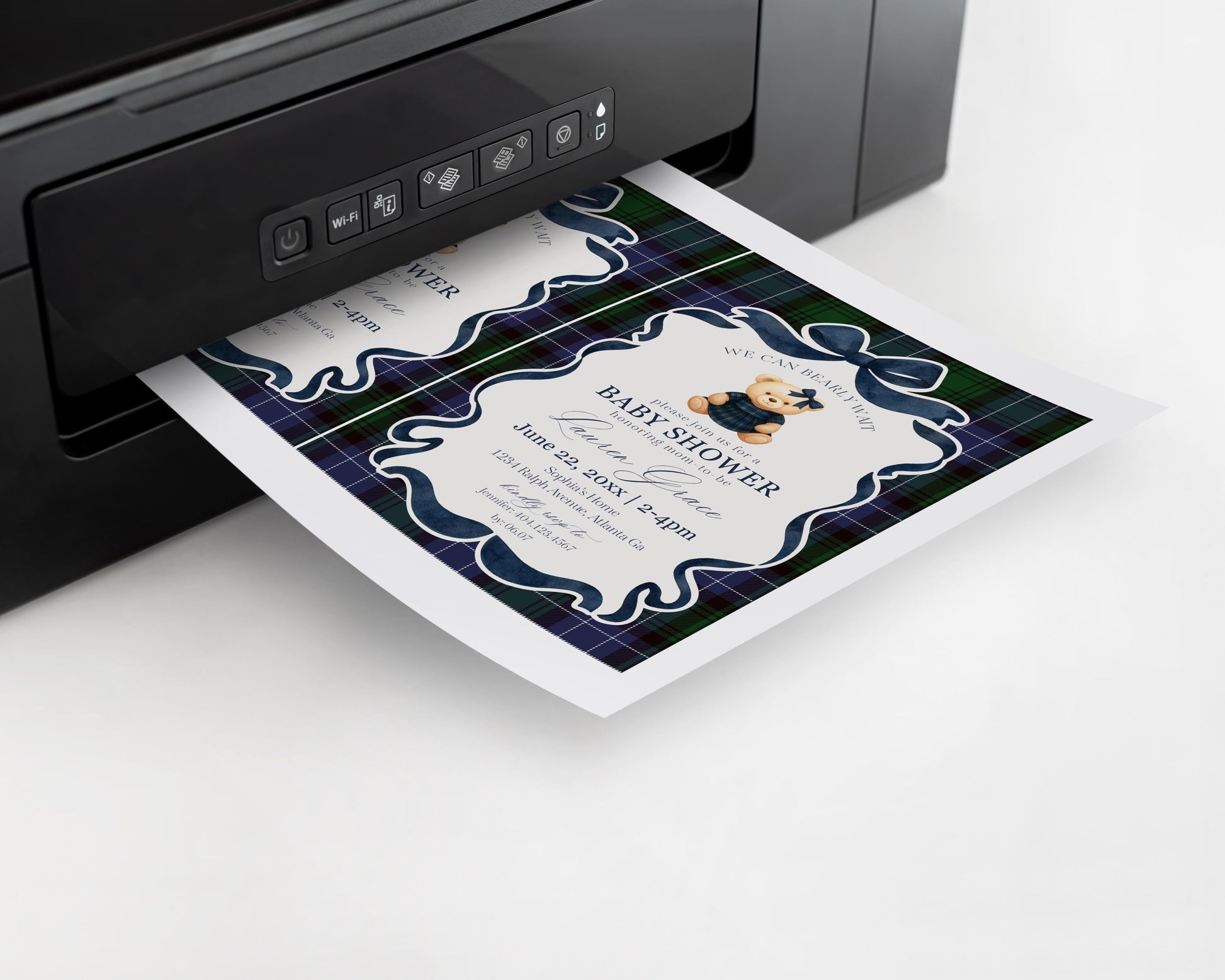 Preppy Bear Girl Baby Shower Invitation Printable Template, We Can Bearly Wait Old Money Baby Sprinkle, Tartan Plaid Coquette Bow WP1080