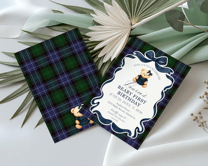 Preppy Bear Girl 1st Birthday Invite Printable Template, Beary First Birthday, Old Money Birthday Party Tartan Plaid Coquette Bow WP1080