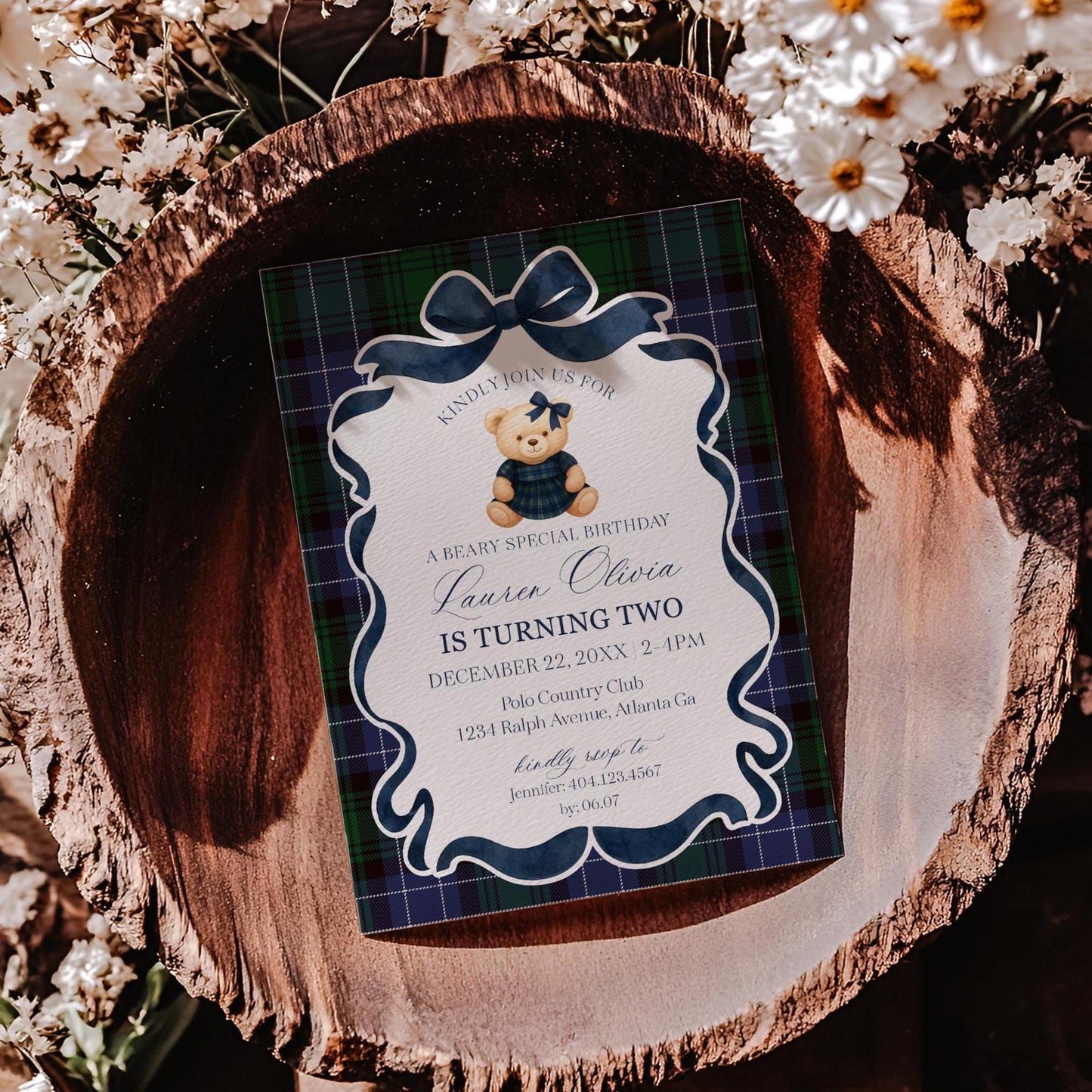Preppy Bear Girl Birthday Invite Printable Template, Old Money Teddy Bear Birthday Party, Tartan Plaid Coquette Bow Party Decorations WP1080