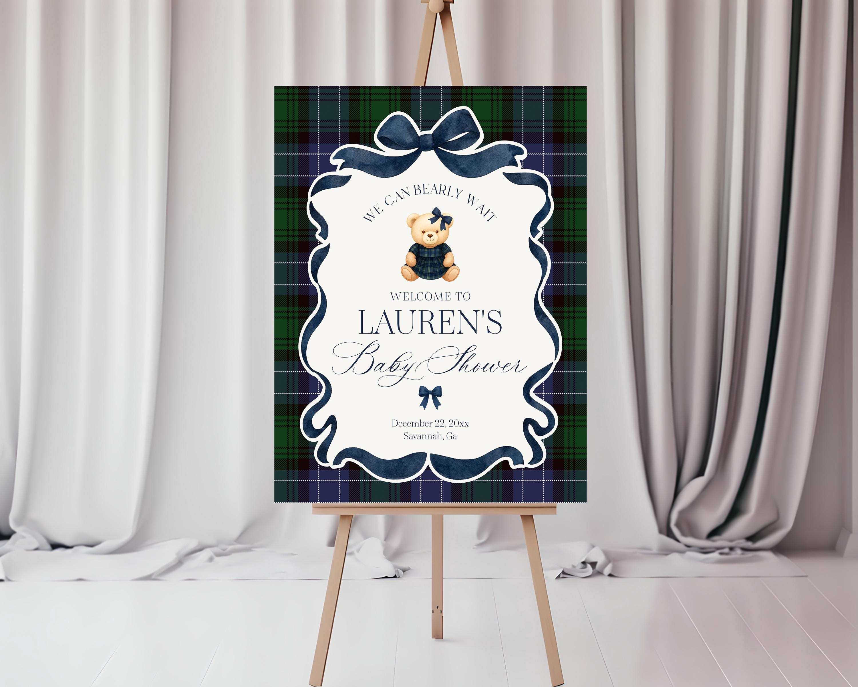 Preppy Bear Girl Baby Shower Welcome Sign Template, We Can Bearly Wait Old Money Baby Sprinkle, Tartan Plaid Coquette Bow Nesting WP1080
