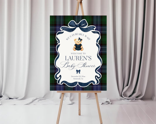 Preppy Bear Girl Baby Shower Welcome Sign Template, We Can Bearly Wait Old Money Baby Sprinkle, Tartan Plaid Coquette Bow Nesting WP1080
