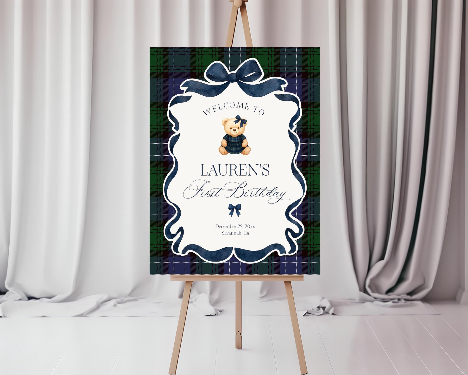 Preppy Bear Girl Birthday Party Welcome Sign Template, Old Money Teddy Bear Birthday Party, Tartan Plaid Coquette Bow Party WP1080