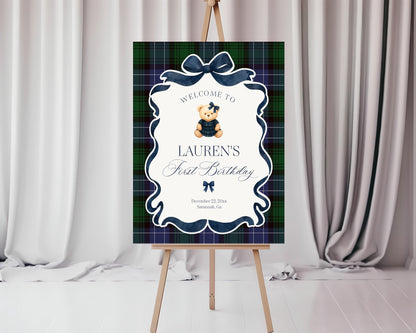 Preppy Bear Girl Birthday Party Welcome Sign Template, Old Money Teddy Bear Birthday Party, Tartan Plaid Coquette Bow Party WP1080
