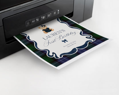 Preppy Bear Girl Birthday Party Welcome Sign Template, Old Money Teddy Bear Birthday Party, Tartan Plaid Coquette Bow Party WP1080