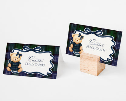 Preppy Girl Bear Place Cards Template, We Can Bearly Wait Old Money Baby Shower, Beary First Birthday Tartan Plaid Coquette Bow Party WP1080