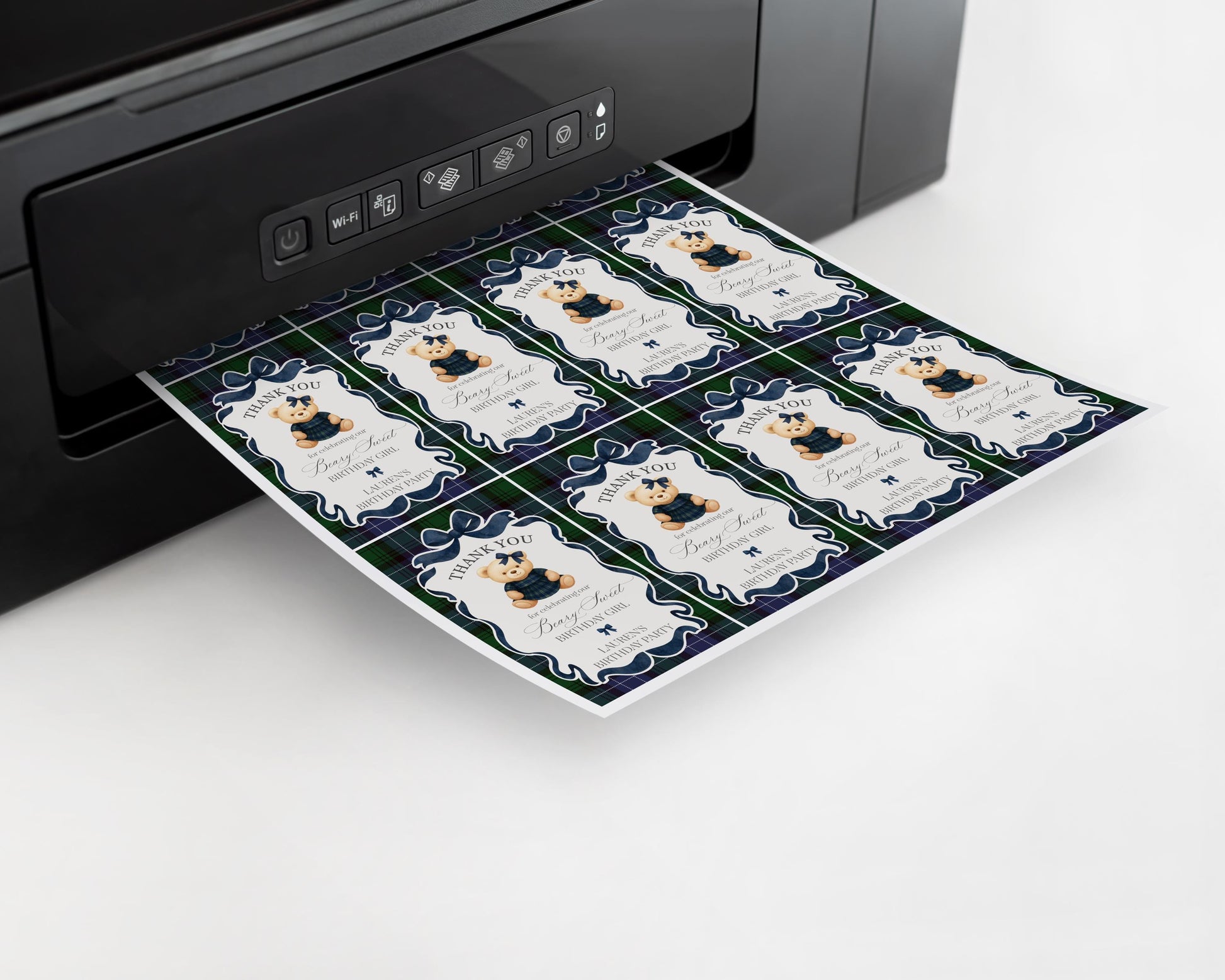 Preppy Bear Girl Birthday Party Favor Tags Template, Beary First Birthday Old Money Teddy Bear Party, Tartan Plaid Coquette Bow WP1080