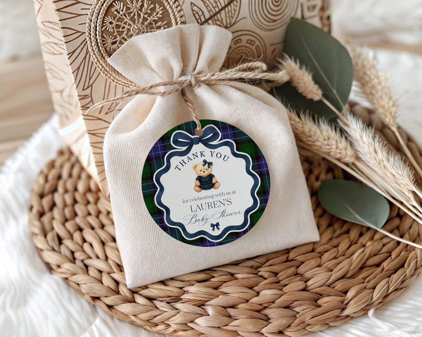 Preppy Bear Girl Birthday Party Favor Tags Template, Beary First Birthday Old Money Teddy Bear Party, Tartan Plaid Coquette Bow WP1080